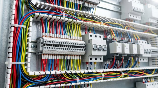 Complex industrial electrical control panel with neatly organized multicolored wiring cables breakers and terminals for power distribution systems