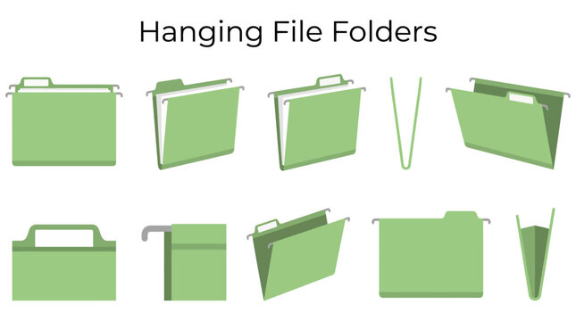 A set of ten illustrations showcasing green hanging file folders in various positions and perspectives