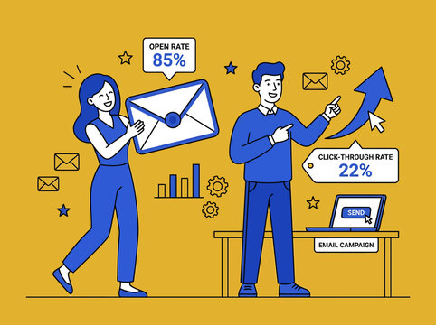 Flat design vector illustration of email marketing campaign with open rate and click through rate statistics