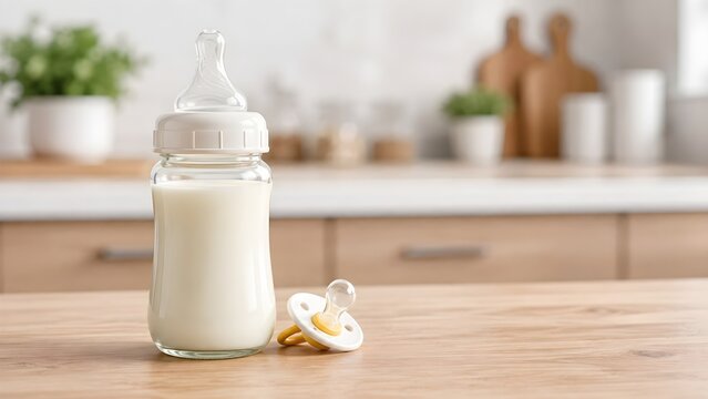 Baby feeding bottle with fresh milk and silicone pacifier on wooden kitchen countertop in bright cozy interior with copy space