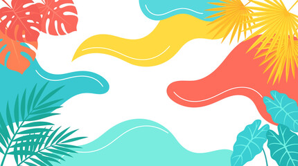 Fototapeta premium Colorful Summer Background with Tropical Leaves and Abstract Fluid Shapes