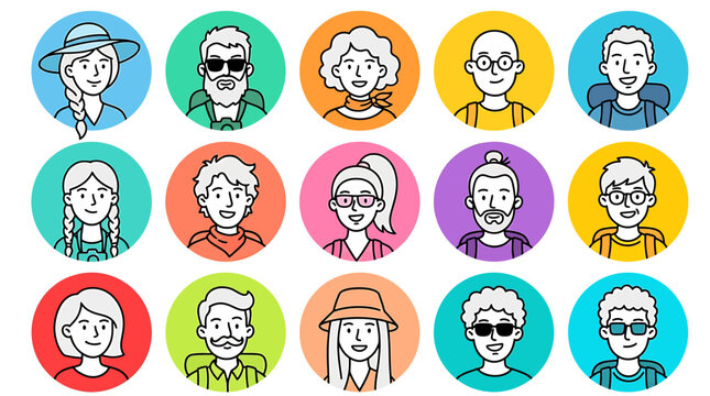 Collection of diverse avatar icons representing various individuals in a flat design style for user profiles or identification