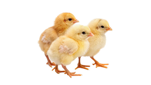 Group of cute little yellow fluffy easter chicks isolated on transparent background