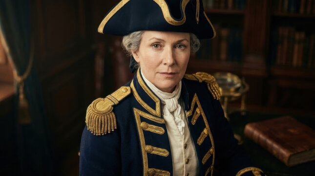 Confident mature woman military captain wearing traditional historic naval uniform with gold epaulettes and tricorn hat inside library office study