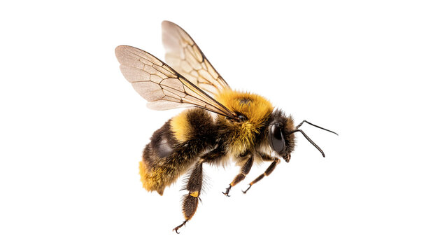 Single honey bee flying insect wings details macro isolated on transparent background