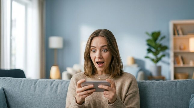 Surprised young woman reacting to shocking news on her smartphone