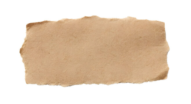 Torn brown craft paper scrap with rough fibrous ripped edges isolated on black background, blank paper piece texture