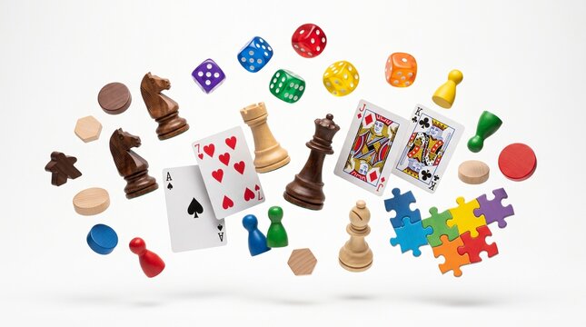 Colorful floating table game pieces including dice, chess figures, playing cards, and puzzle pieces on white background