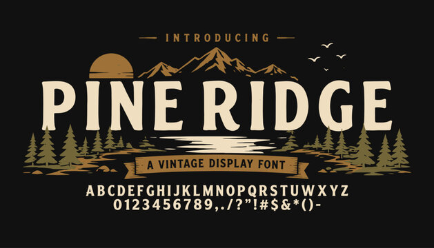 Vintage mountain typography with pine forest landscape for outdoor branding