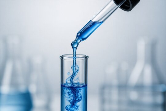 Dropper releasing blue liquid into test tube in laboratory setup