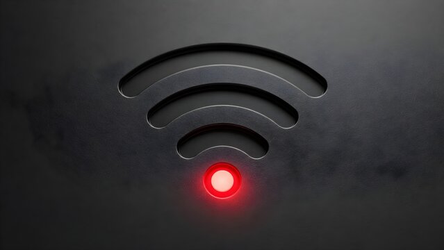 Minimalist dark background with embossed wifi icon and a glowing red dot representing disconnected internet, offline status, or signal network error