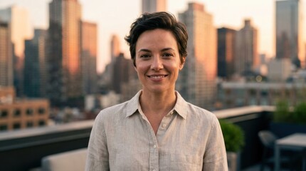 Obraz premium Confident professional businesswoman smiling warmly outdoors on an urban rooftop at sunset with modern skyscrapers in background