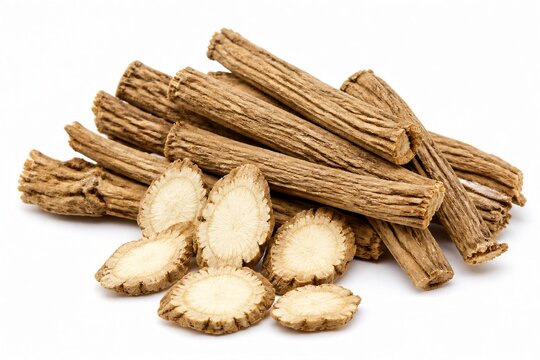 Dried licorice root sticks and slices on white background