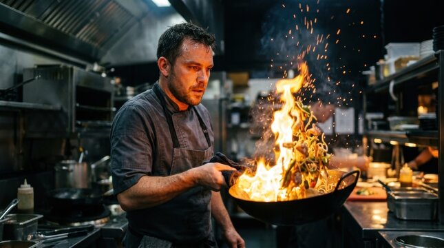 A professional chef flamb&eacute;ing food in a wok in a busy restaurant kitchen with flames erupting.
