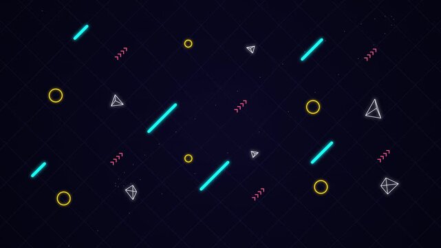 Abstract glowing neon geometric shapes floating seamlessly across dark grid backdrop creating dynamic retro motion graphics loop for modern digital projects.