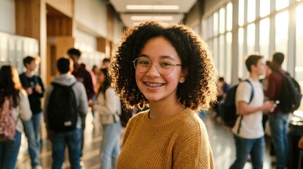 Obraz premium Confident teenage student with curly hair and glasses smiling brightly in a busy high school hallway filled with diverse classmates during morning