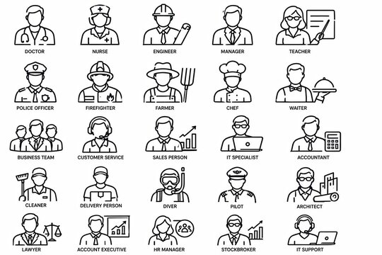 Set of black business and office worker line icons