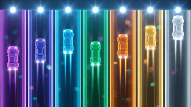7台の光子レースカーがサイバーコースを垂直上昇する競争の抽象CG背景