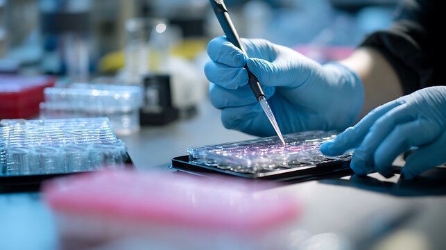 Scientific laboratory research, scientist hands in blue gloves, medical testing sample.