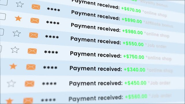 Payment received transaction list scrolling animation isolated on white background