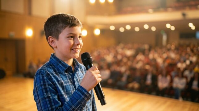 Confident young boy holding a microphone speaking on a bright stage facing a blurred auditorium audience during a school presentation event