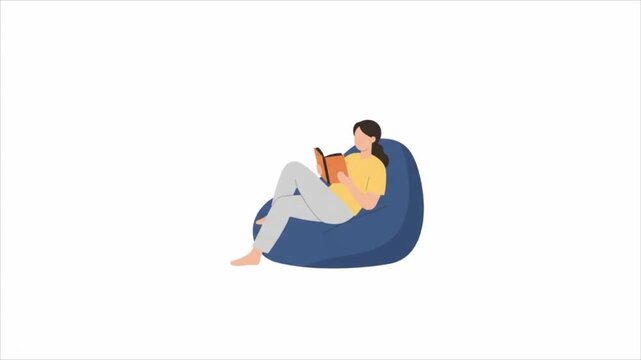 Woman sitting on a blue beanbag chair reading an orange book in flat vector style animation