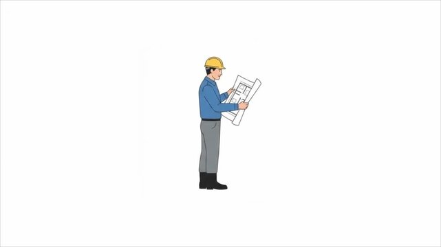 Construction engineer in yellow hard hat holding architectural blueprint on white background