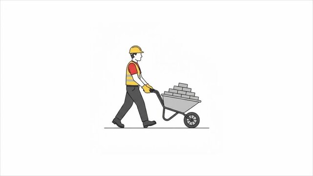 Construction worker pushing a wheelbarrow with bricks in a flat vector animation style.
