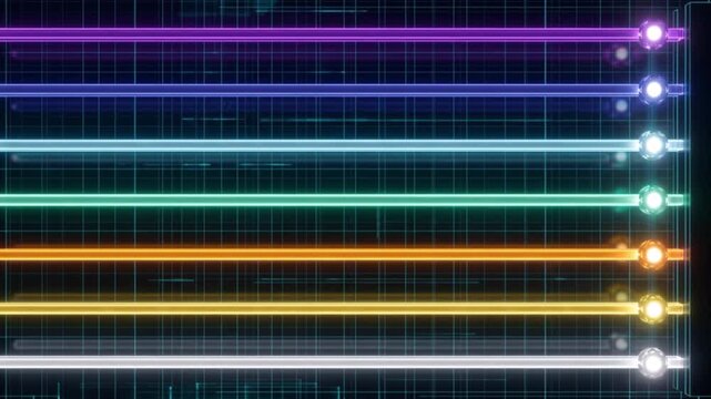 7本の水平トラックを光子ノードが進行するサイバー空間の抽象CG背景
