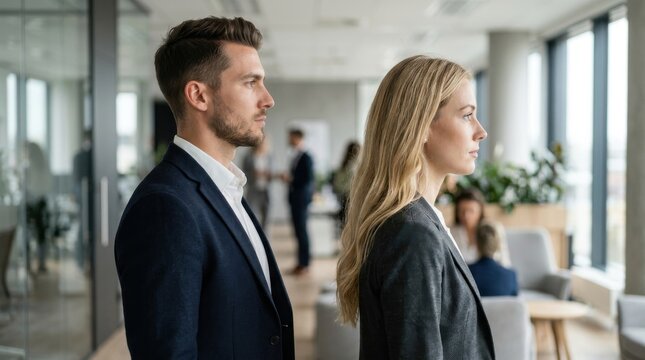Confident young businesswoman and businessman standing together in modern office looking ahead with determination and ambition representing success