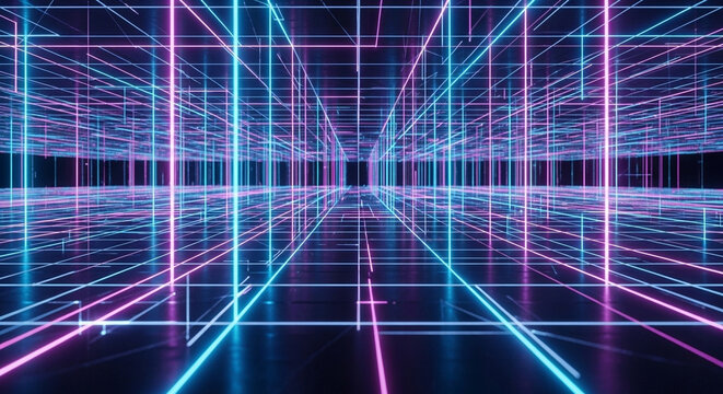 Futuristic neon grid matrix glowing with vibrant blue and purple laser light beams creating a deeply immersive cyberspace environment for technological advancements and virtual reality concepts