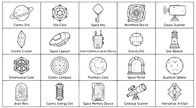 Sci-Fi Space Devices and Quantum Artifacts Line Art Icon Grid Set