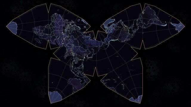 Polyhedral Waterman projection. Rotating world map at night with glowing city lights and illuminated country borders. Animated hexagonal background. Seamless loop. 4K resolution. Night view.