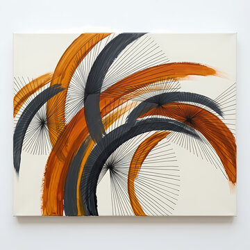 Abstract painting featuring curved brush strokes in orange and black with fine radiating lines on a white background.