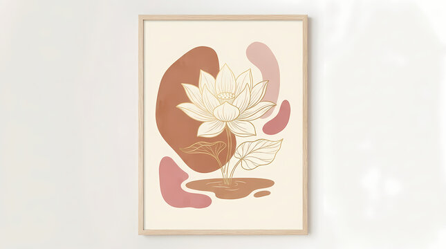 Minimalist boho wall art print featuring a line art lotus flower and organic abstract shapes.