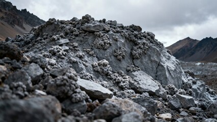 Obraz premium Rugged rocky terrain with clustered lichen formations under overcast sky