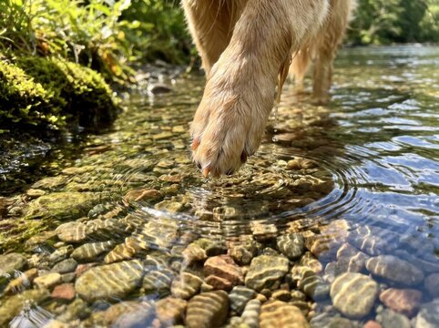Close up of dog paws stepping through clear pebble stream water