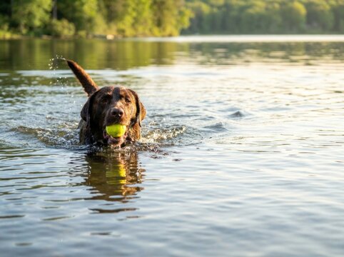Labrador retriever dog swimming in lake retrieving tennis ball in mouth