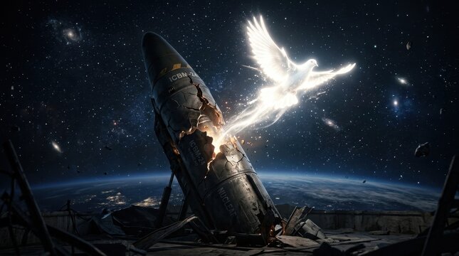 A white dove emerges from a destroyed spaceship, symbolizing hope and rebirth in the vastness of space.