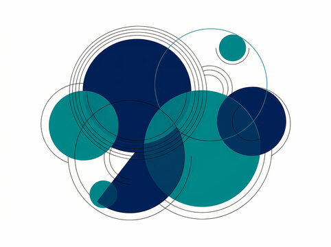 Abstract composition featuring overlapping circles and thin lines in shades of blue and teal.