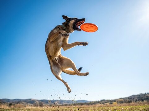 Athletic shepherd dog leaping high in midair catching orange flying disc frisbee