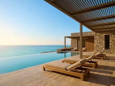 Luxury seaside stone villa with private infinity pool and sun lounger terrace at sunset