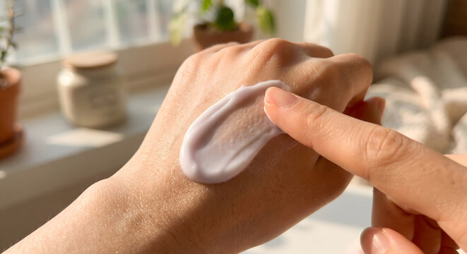 Close up of woman hand swatching pale purple soothing cream texture in natural sunlight