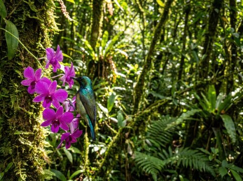 Iridescent blue sunbird perching and feeding on purple wild orchid in dense rainforest