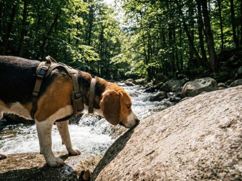 Beagle hound dog drinking fresh cool water from rocky mountain forest creek