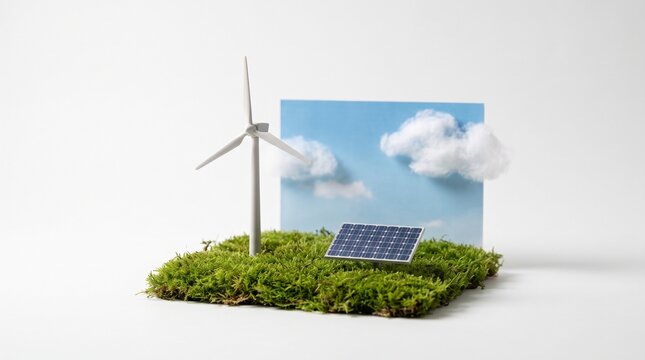 Miniature model of renewable energy sources with a wind turbine and solar panel on green moss