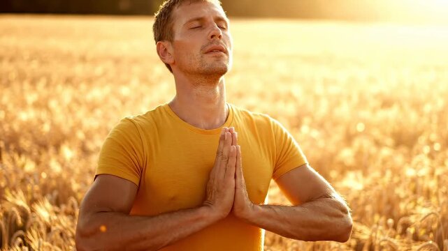 Man standing in a sunlit field with hands pressed together at his chest, breathing deeply with face tilted toward the sun. Solar breathwork and confidence concept