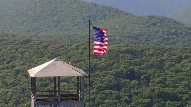 American flag on Mount Beacon fire tower in New York