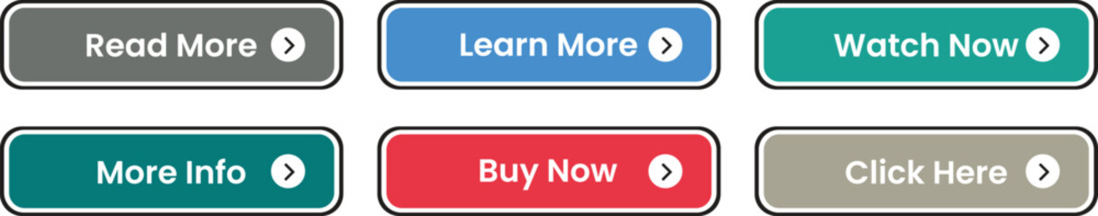 Fototapeta premium Call to Action Button Vector Set. Read More, Learn More, Watch Now, More Info, Buy Now and Click Here Colorful Labels for Web and App UI