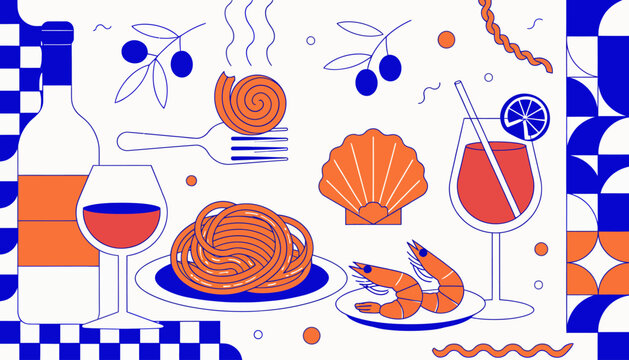 italian food, seafood plate, wine glass